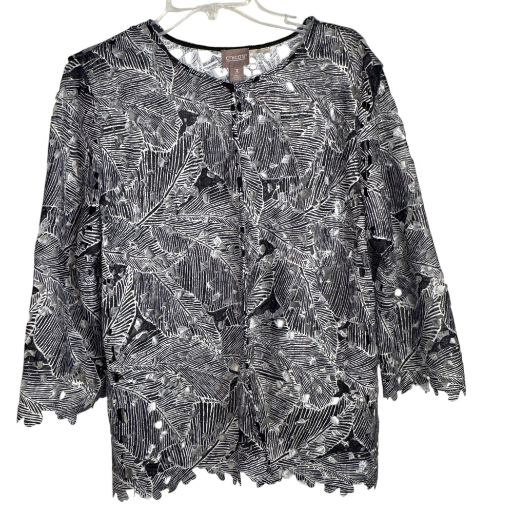 Chicos Black White Leaf Scalloped Lace Jacket Womens XL Laser Cut 3/4 Sleeve